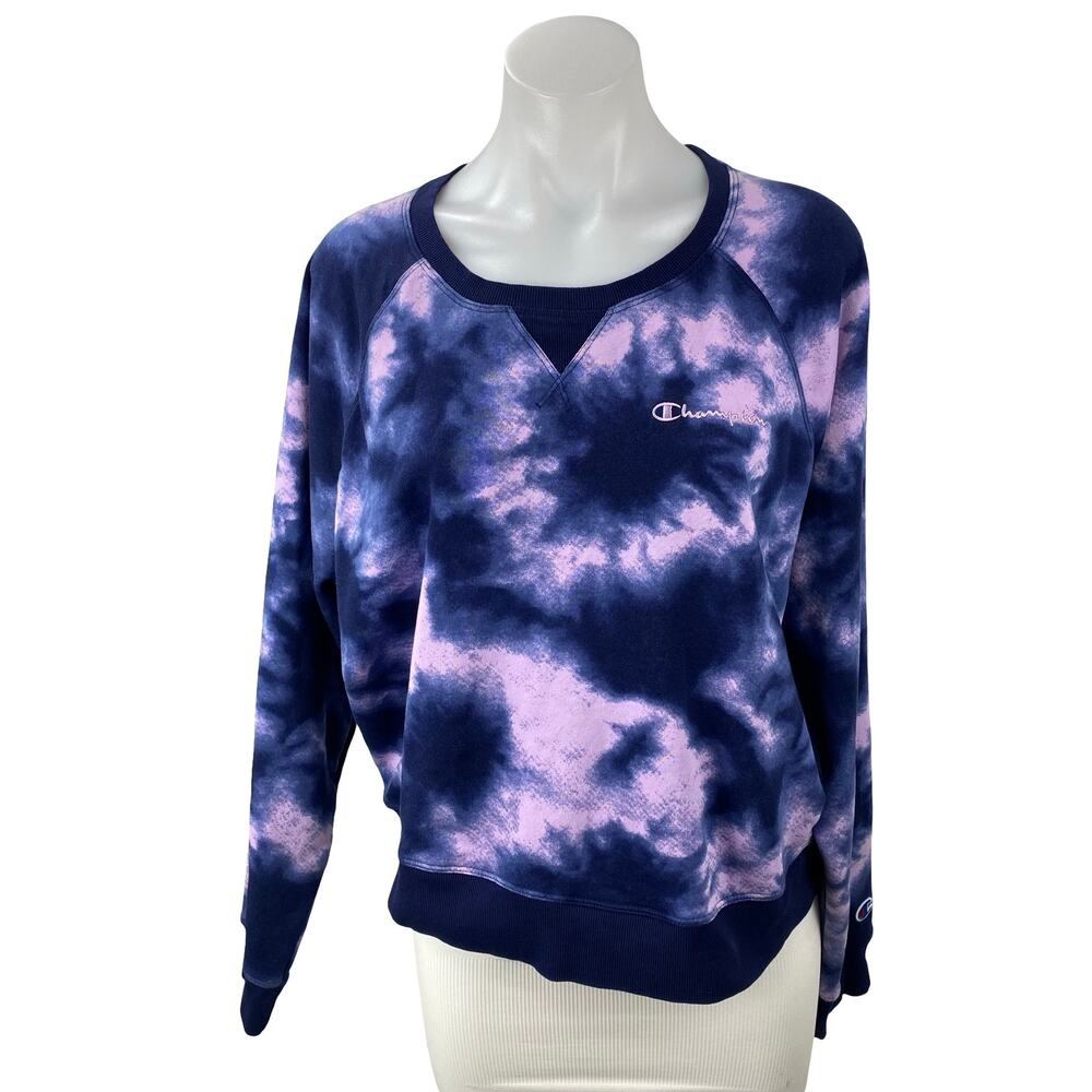 Champion Women's Purple Tie Dye Long Sleeve Knit Round Neck Sweatshirt Top Sz XL
